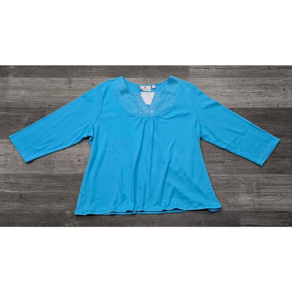 Quacker Factory Blue V Neck Rhinestone Accent 3/4 Sleeve Knit Shirt - Picture 11 of 11
